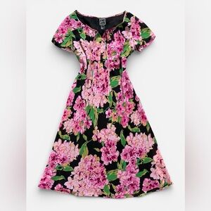 Vintage Lennie NY Black Floral Chiffon Milkmaid Babydoll Midi Dress